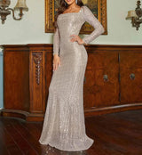 Elegant Long Sleeve Square Collar Bodycon Maxi Prom Party Dresses Gown