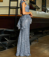 Elegant and sophisticated Collar design with Sleeveless Ruffle Evening Dress