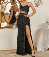 New- High Split with exposed corset Black Prom and Evening Dress