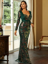Elegant Green Mermaid Party Dress with Sequined Flower Pattern and Long Sleeves - Perfect for Weddings, Proms, and Formal Events