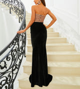 Elegant Gold Sequin Black Velvet Corset Evening Dress