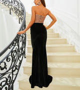 Elegant Gold Sequin Black Velvet Corset Evening Dress