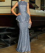 Elegant and sophisticated Collar design with Sleeveless Ruffle Evening Dress