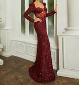 Elegant and sophisticated Red Sequin Prom Dress with deep Sweetheart Neck & Long Sleeve