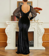 Elegant Black Sequin Velvet Evening Gown with Lantern Sleeves and Backless Design - Perfect for Weddings, Proms, and Other Special Occasions