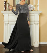 Elegant Black Evening Dress with attached Train - Women's O-Neck Long Sleeve Sequin Patchwork Gown