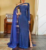 Sexy Glitter Blue One shoulder Evening Prom Bridesmaid Dress with Split and cape