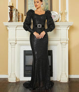Elegant Black Mermaid Evening Dress with Lantern Sleeves and Sequin Belt