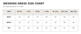 Wedding gown size chart XS to 3XL bust waist hip measurements in inches