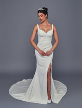 Sweetheart satin sheath wedding gown with thigh slit front view