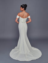 Ivory off shoulder satin wedding gown with court train back view
