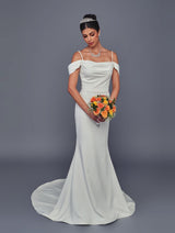 Ivory off shoulder satin cowl neck bridal gown front view