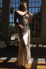 Ivory strapless embellished corset formal gown front view