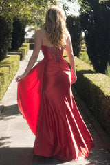 Red satin evening gown with lace up corset back
