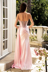 Baby pink satin gown lace up corset back view