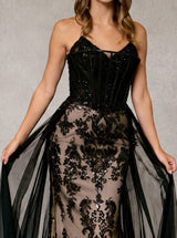 Black strapless corset bodice embroidered lace mermaid gown detail