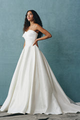 Off white mikado wedding ball gown side view with sweeping train