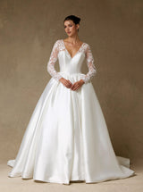 Off white ball gown wedding dress with detachable embroidered lace long sleeve bolero front