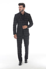 Black windowpane plaid three piece mens suit front