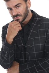 Black plaid notch lapel detail