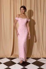 Floral embroidered off shoulder fitted evening gown EK205 detail view 3