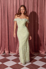 Floral embroidered off shoulder fitted evening gown EK205 detail view 5