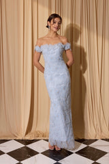 Floral embroidered off shoulder fitted evening gown EK205 detail view 7