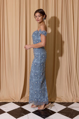 Floral embroidered off shoulder fitted evening gown EK205 detail view 9