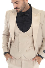 Tan three-piece peak lapel wedding tuxedo vest detail