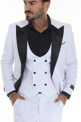 White three-piece black peak lapel wedding tuxedo vest detail