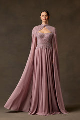 Mauve beaded A-line evening gown with flowing cape front view