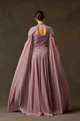 Back view mauve beaded formal gown with cape sleeves