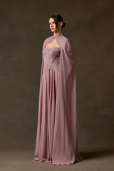 Side view mauve floor length A-line evening dress with cape