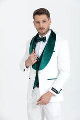 White tuxedo with emerald green velvet shawl lapel view 3