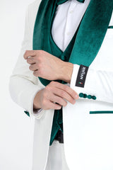 White tuxedo with emerald green velvet shawl lapel view 4