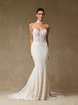 Strapless Lace Mermaid Wedding Dress with Sheer Corset Bodice and Pearl Detail – Fitted Modern Bridal Gown