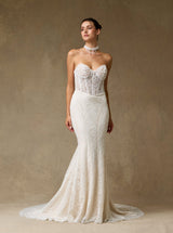 Strapless Lace Mermaid Wedding Dress with Sheer Corset Bodice and Pearl Detail – Fitted Modern Bridal Gown