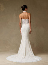 Strapless Lace Mermaid Wedding Dress with Sheer Corset Bodice and Pearl Detail – Fitted Modern Bridal Gown