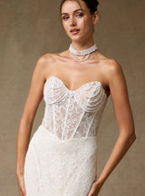 Strapless Lace Mermaid Wedding Dress with Sheer Corset Bodice and Pearl Detail – Fitted Modern Bridal Gown