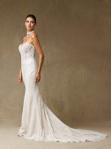 Strapless Lace Mermaid Wedding Dress with Sheer Corset Bodice and Pearl Detail – Fitted Modern Bridal Gown