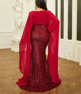 Elegant Plus Size Sequin Evening Dress with extra Long Sleeves and V Neck