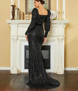 Elegant Black Mermaid Evening Dress with Lantern Sleeves and Sequin Belt