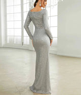 New Elegant Shimmery Long Sleeve Square Collar Bodycon Party Dress