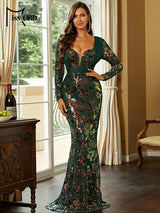 Elegant Green Mermaid Party Dress with Sequined Flower Pattern and Long Sleeves - Perfect for Weddings, Proms, and Formal Events