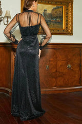 New elegant Black Glitter high Neck Lantern Mesh long Sleeve with split evening and party dress