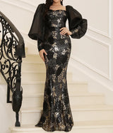 New Elegant Black Long evening Dress with Mesh Lantern Sleeves and Backless design