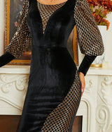 Elegant Black Sequin Velvet Evening Gown with Lantern Sleeves and Backless Design - Perfect for Weddings, Proms, and Other Special Occasions