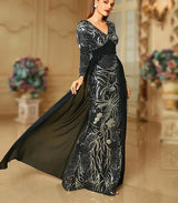 Elegant Black Evening Dress - Women's Long Sleeve V Neck Sequin Bodycon Formal Gown with Train