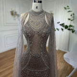 Shoulder Cape Halter Neck Heavily Beaded Gala Evening Dress