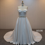 Off-the-Shoulder Satin A-Line Wedding Dress with Beaded Waist – Style A0106